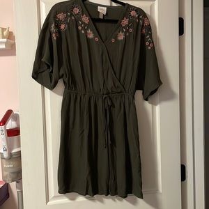 Knox rose dress. Dark green with pink and grey flower details, v neck.